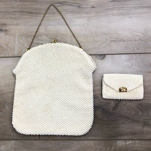 Vintage Cream Beaded Kissing Clasp Purse with Matching Coin Purse